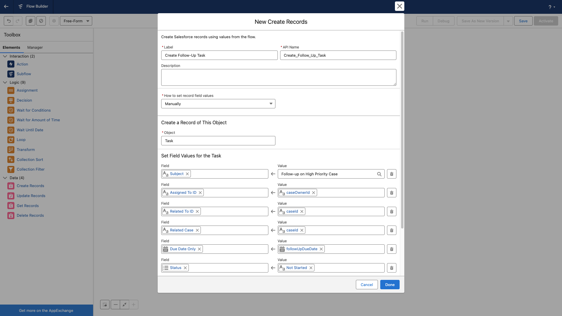 Adding a Create Records data element to the Flow