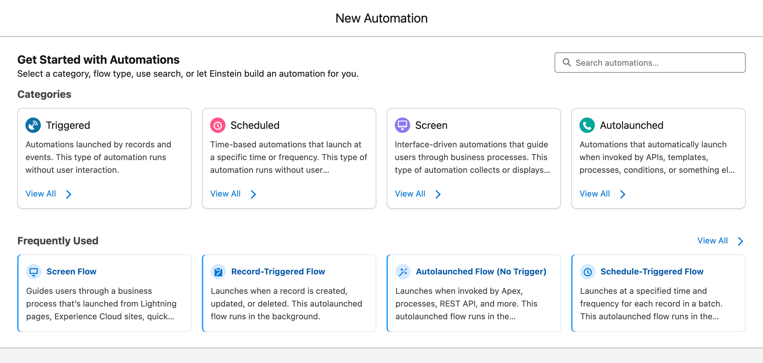 Some of the options for Flow types available when you build a new Flow in Salesforce