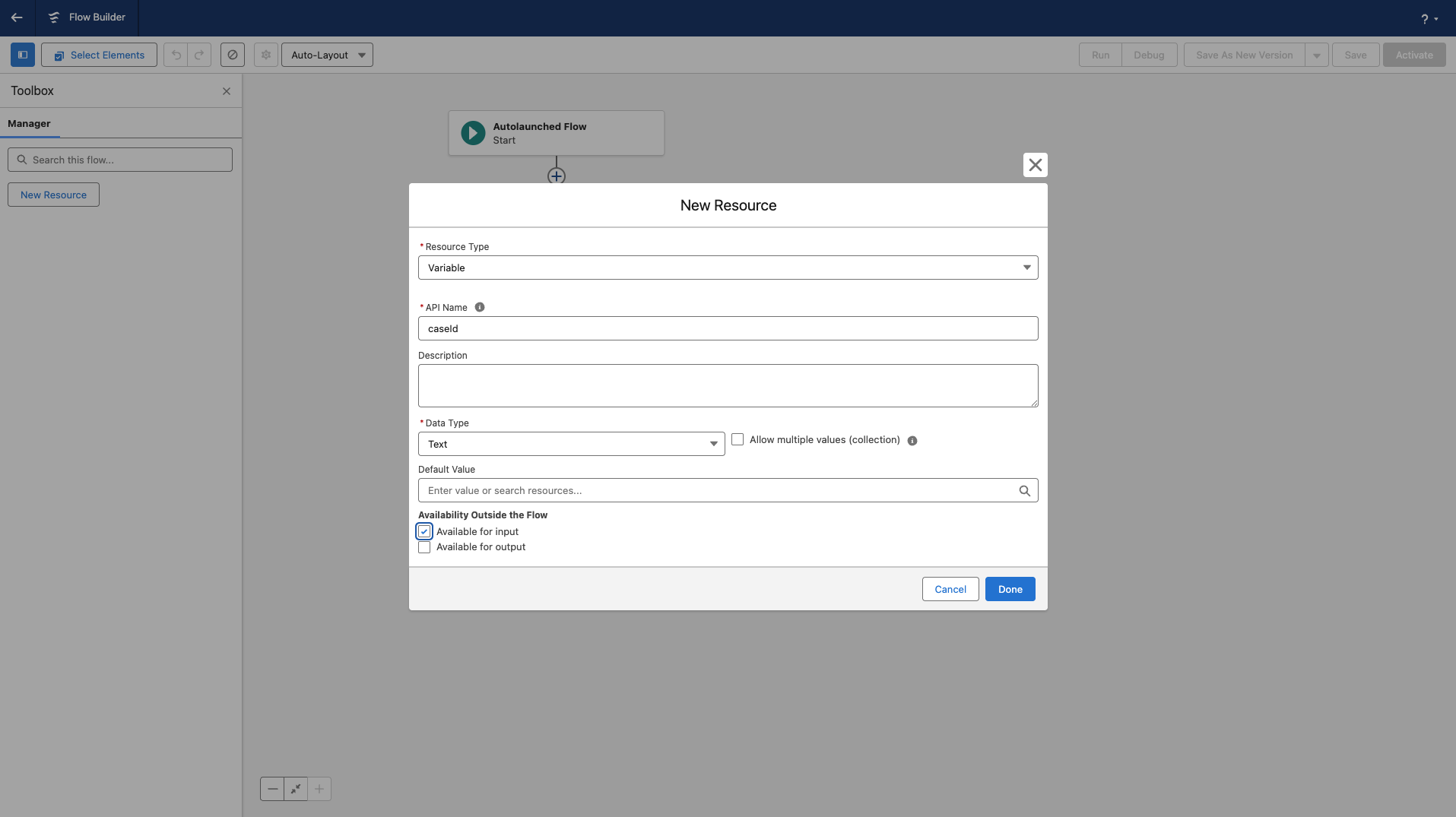 Defining the input variables in the Flow Builder Toolbox