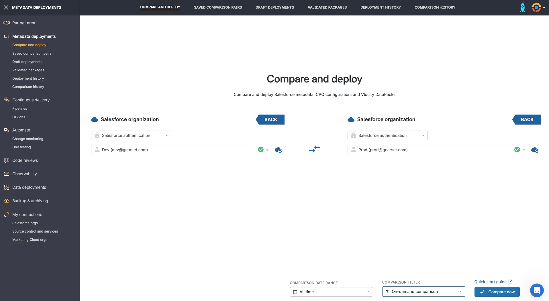 Starting your deployment comparison in Gearset
