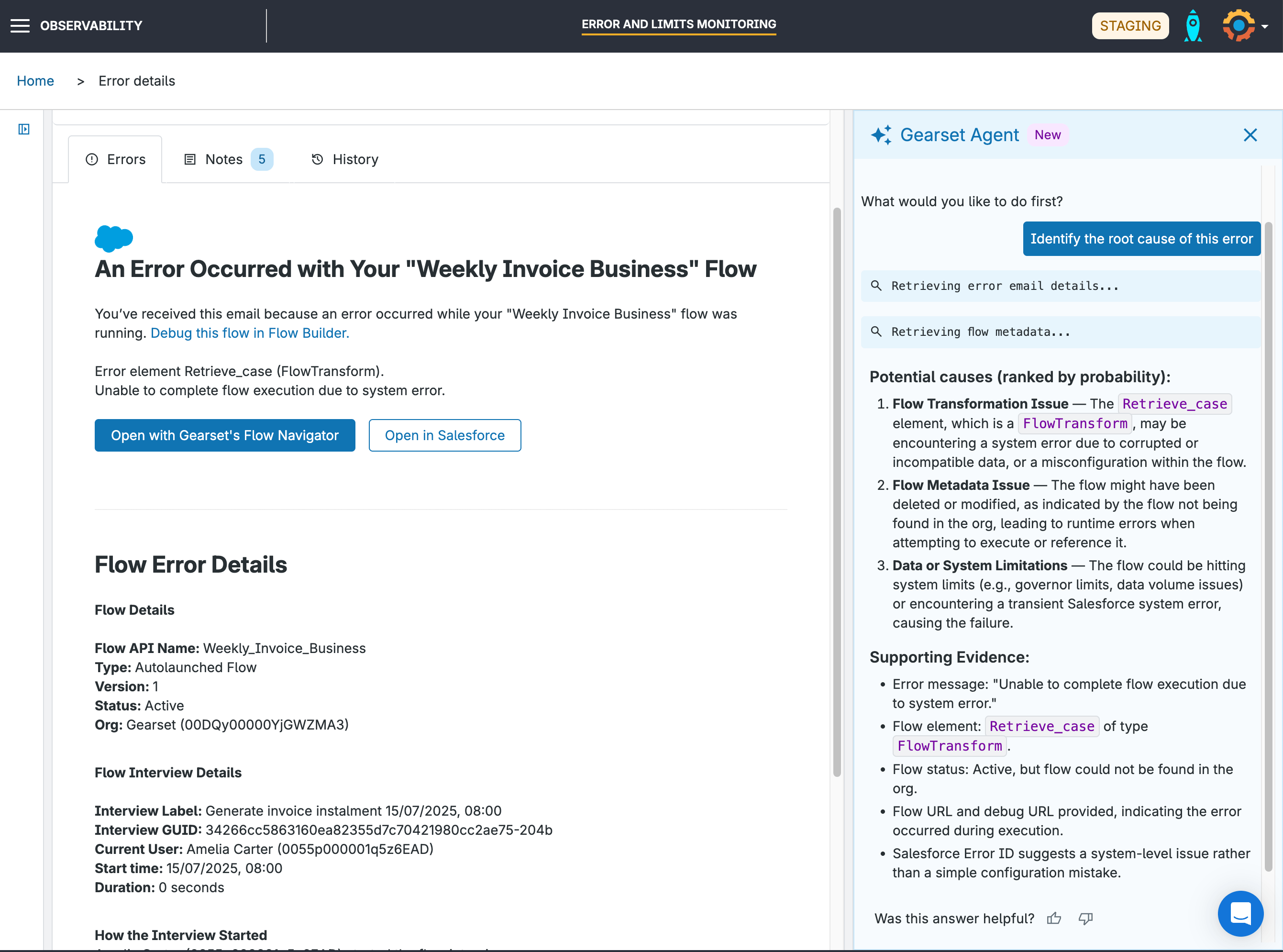 The Gearset Agent outlining the causes of a Flow error.