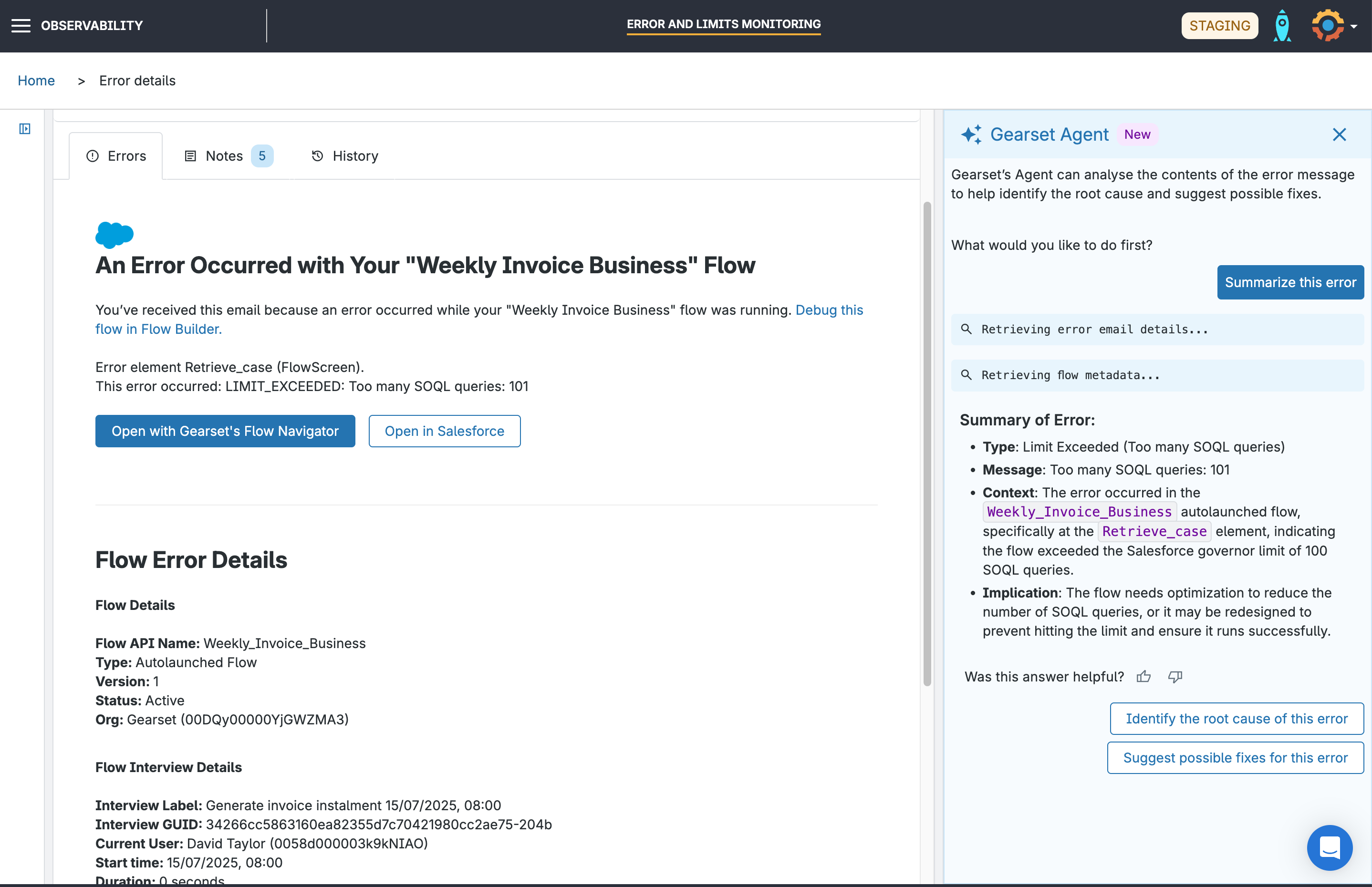 The Gearset Agent summarising a Flow error.
