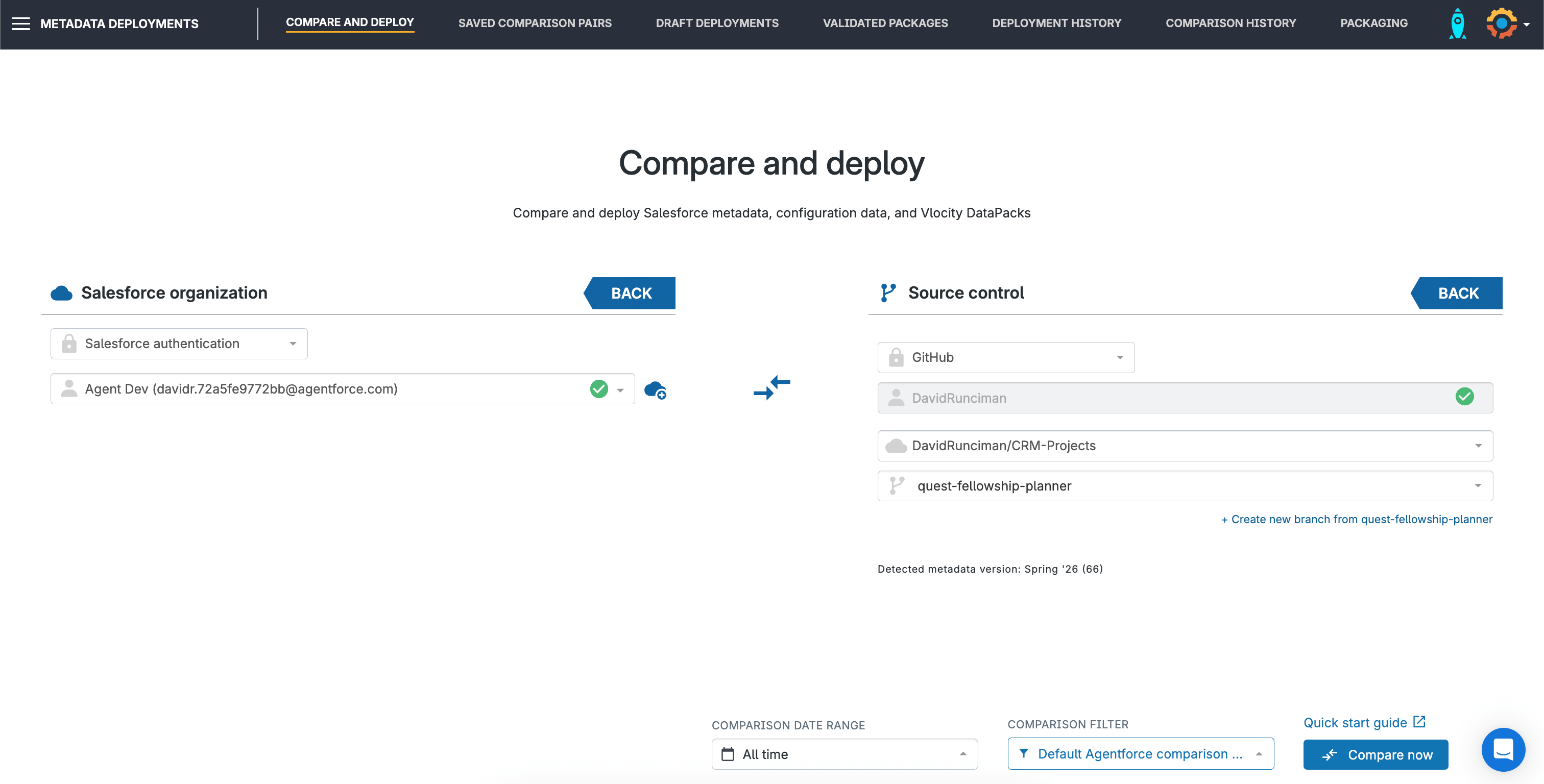 Gearset comparison view showing source and target environments for Agent Script deployment