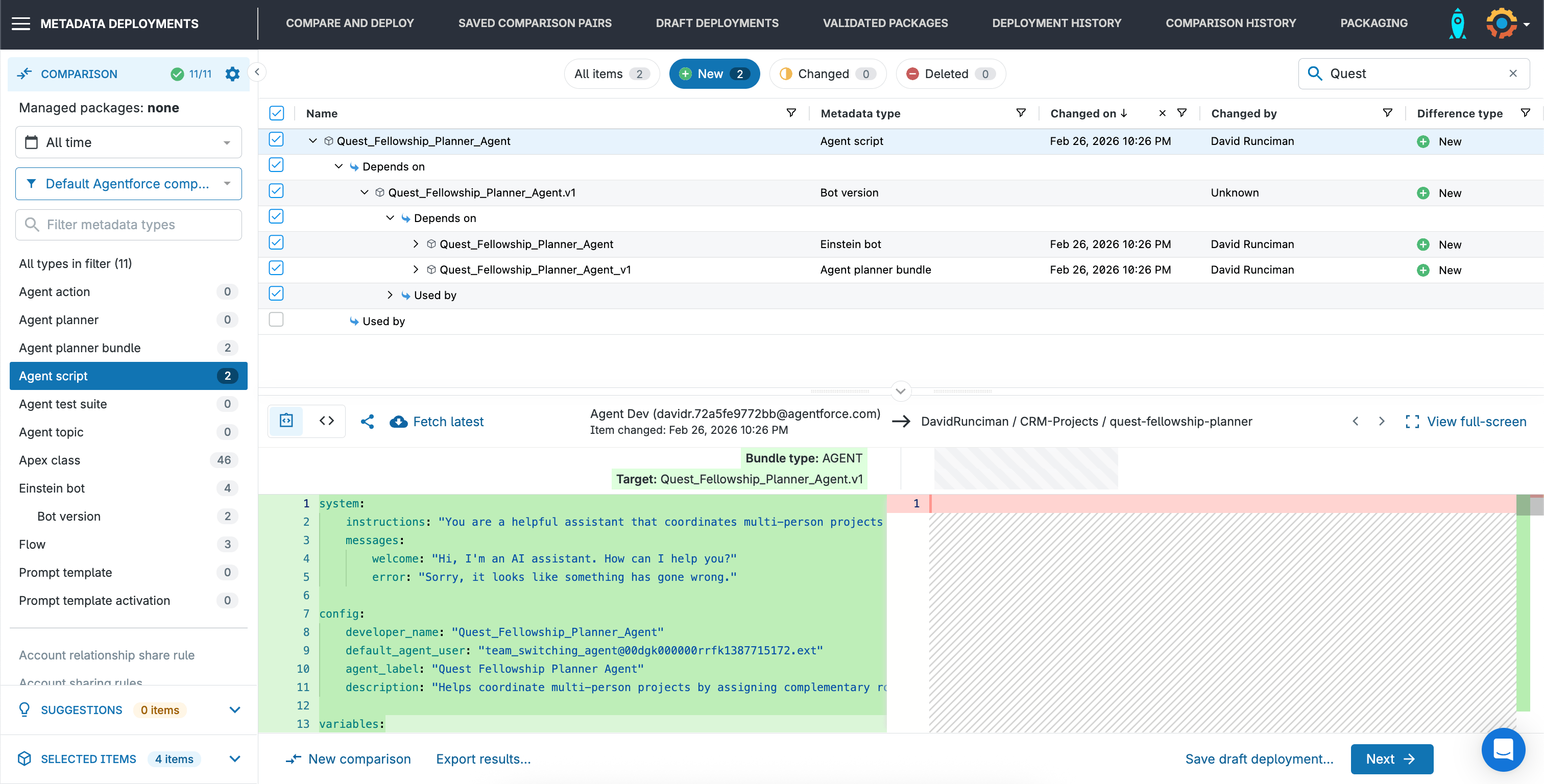Gearset showing Agent Script dependencies including Bot Version, Einstein Bot, and Agent Planner Bundle