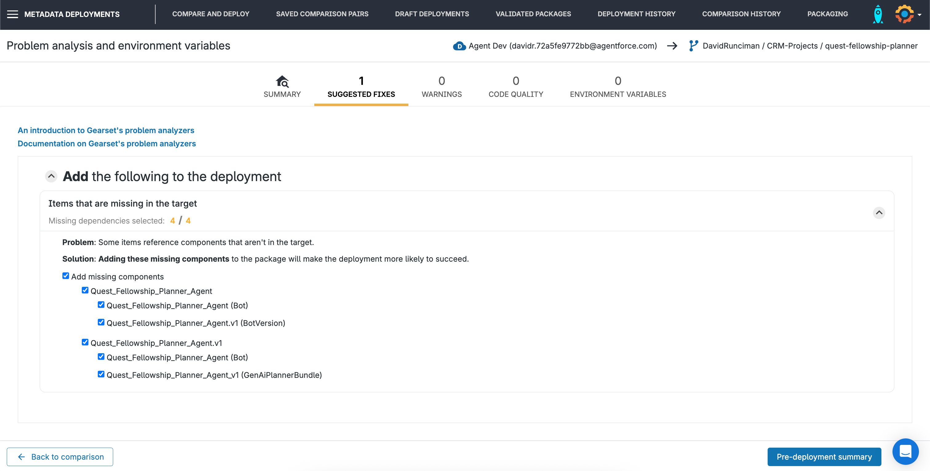 Gearset problem analysis recommending dependencies to include in the deployment