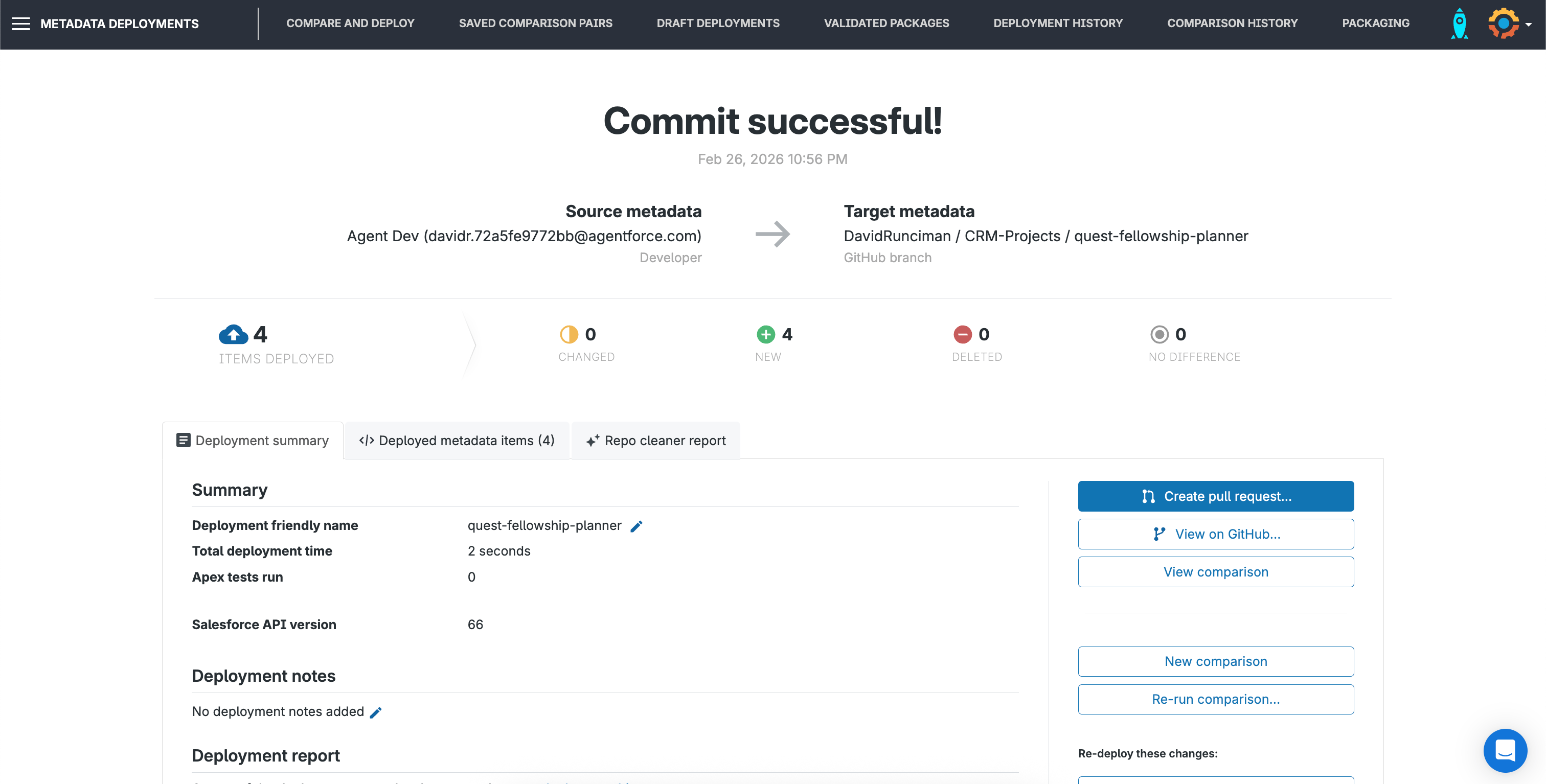Gearset deployment results page with options for next actions including pull request creation